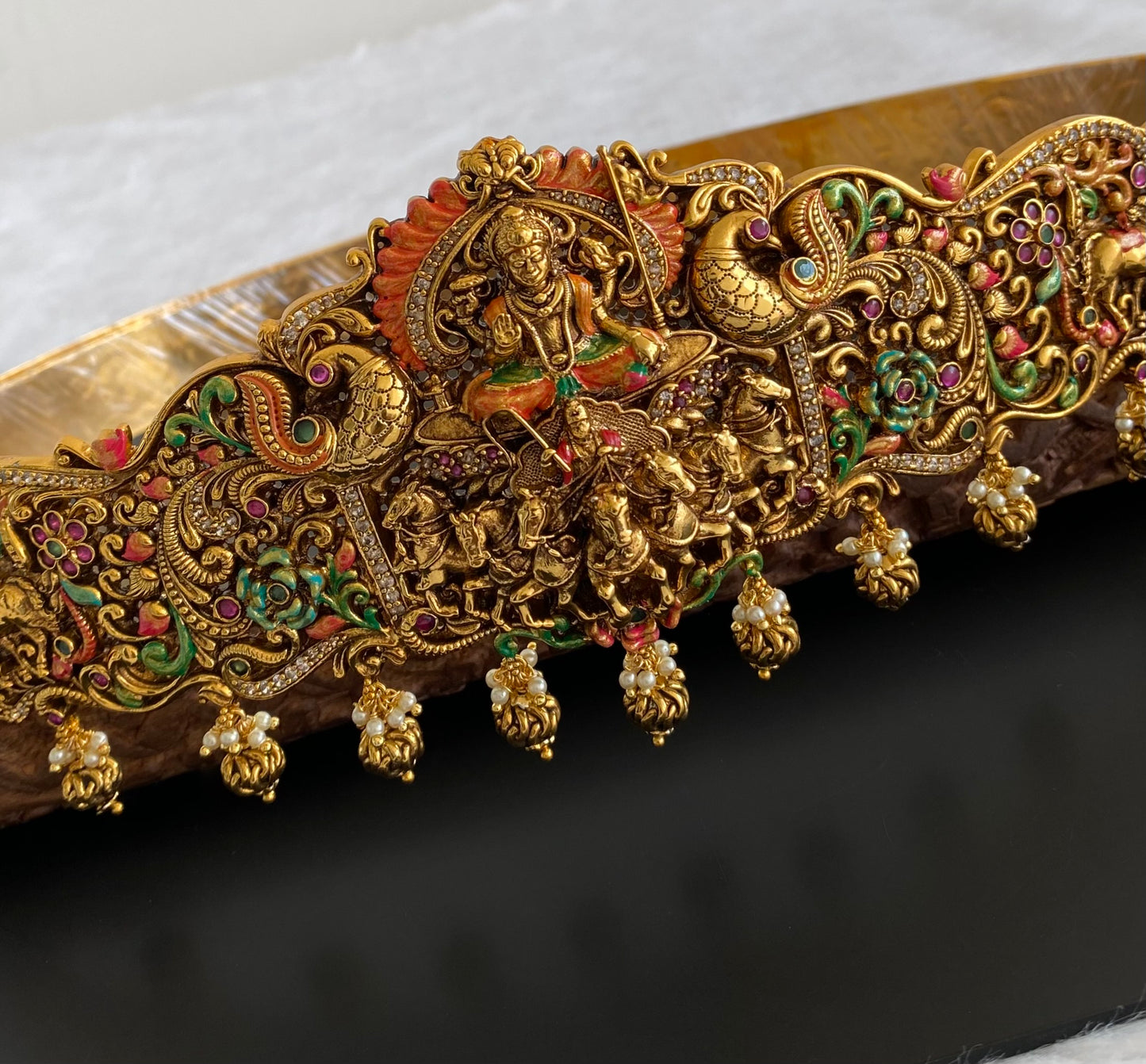 Matte finish meenakari lakshmi peacock horse waist belt dj-53520