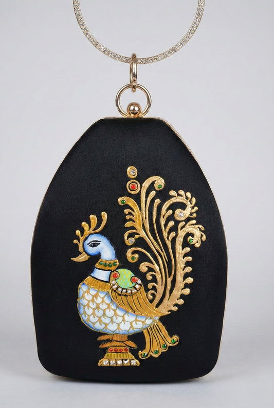 Tanjore painted black silk clutch dj-52652