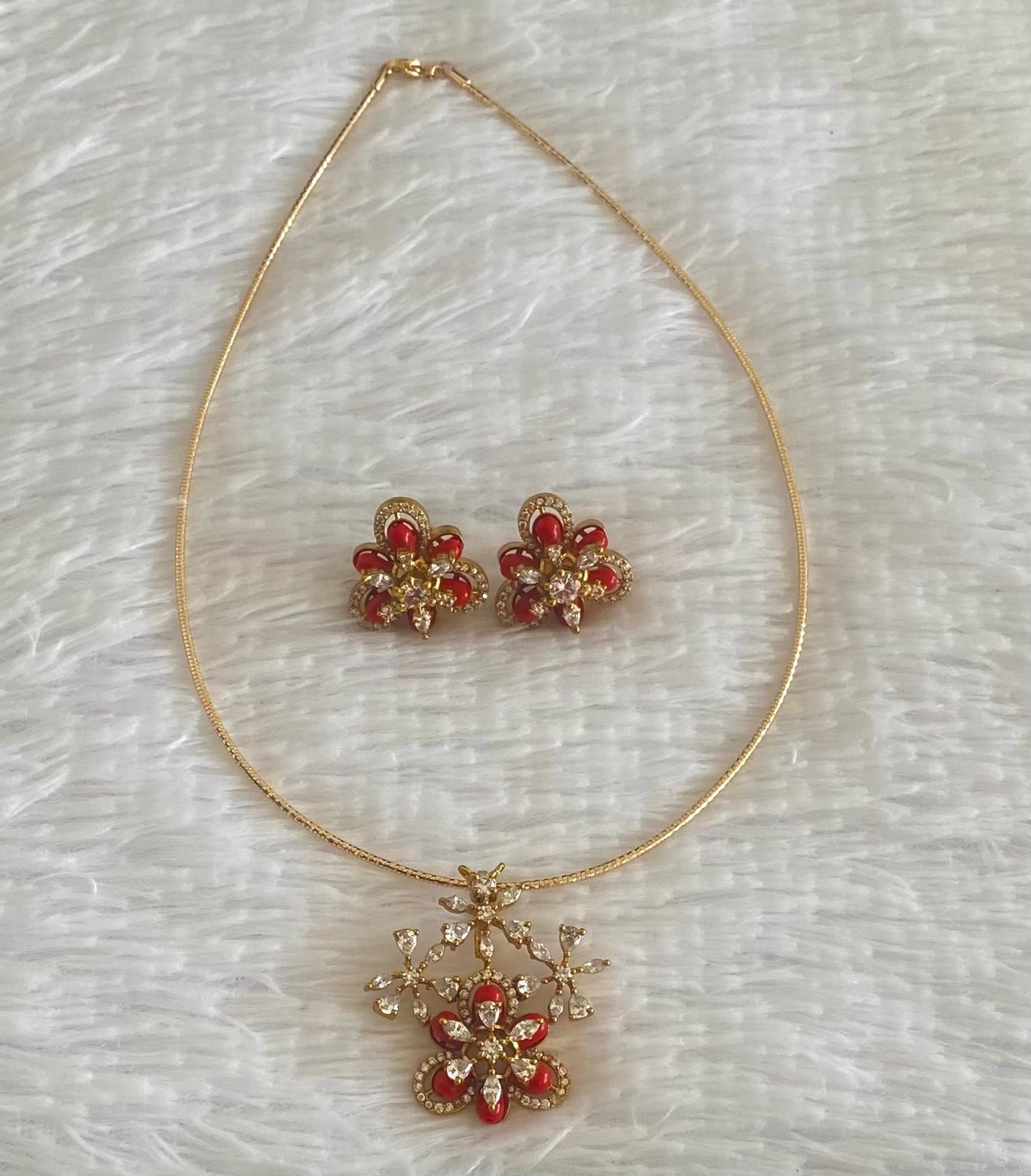 Two tone cz coral beaded pendant set with kanti necklace dj-54000