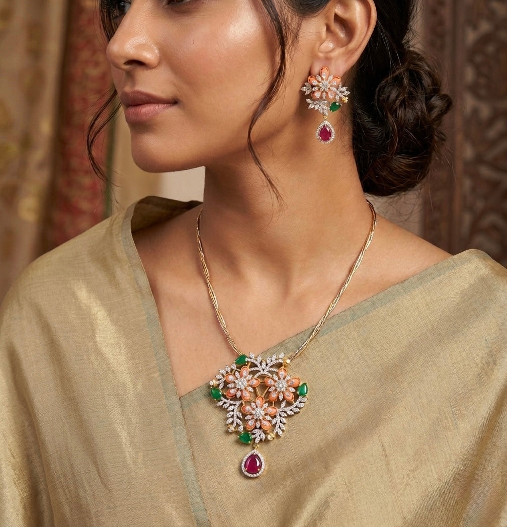 Two tone cz pink-green beaded flower kanti necklace set dj-53097