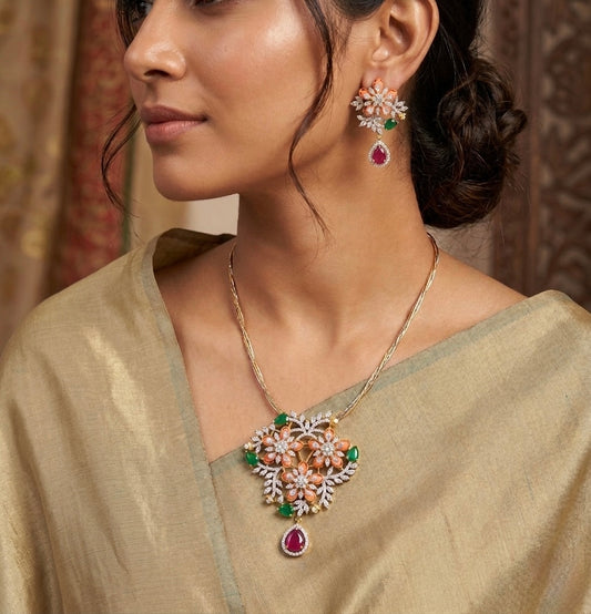 Two tone cz pink-green stone orange-pearl beaded flower kanti necklace set dj-53097