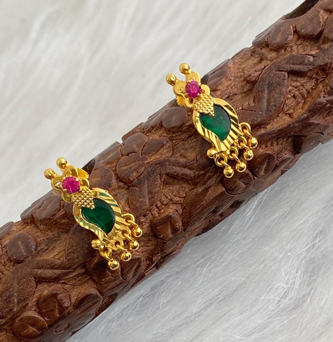 Gold tone pink-green kerala style mango earrings dj-54204