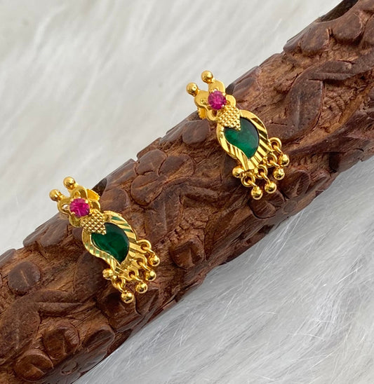 Gold tone pink-green kerala style mango earrings dj-54204