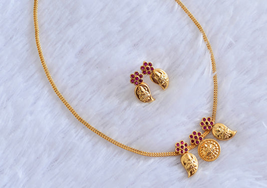 Gold tone pink stone mango lakshmi coin necklace set dj-53044