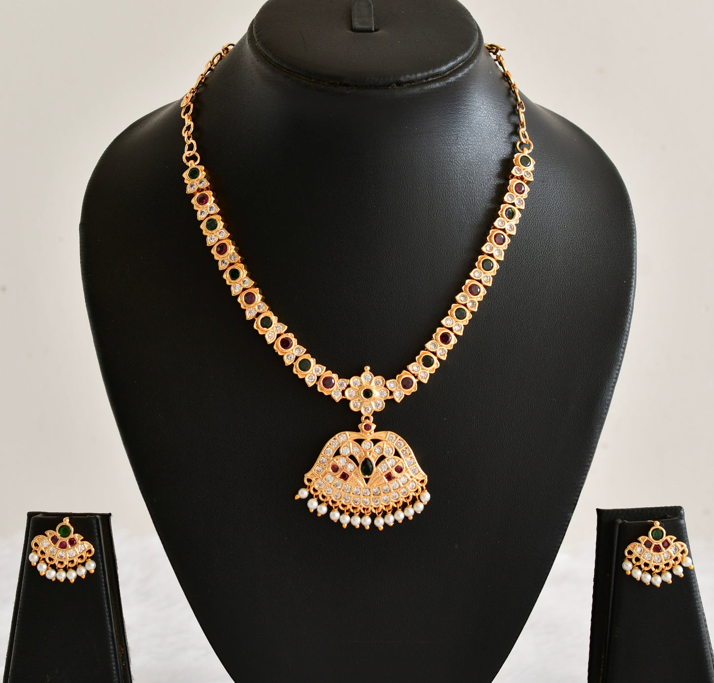 Gold tone AD pink-green stone south Indian style necklace set dj-53299