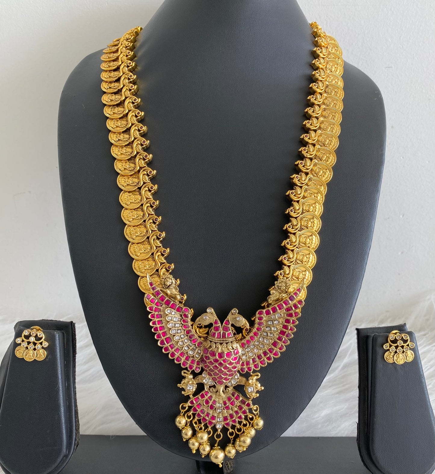 Antique gold tone kundan jadau Gandaberunda lakshmi coin peacock haar set dj-54197