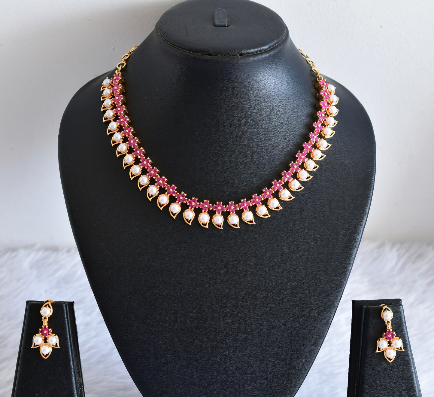 Gold tone ruby stone pearl mango necklace set dj-53036