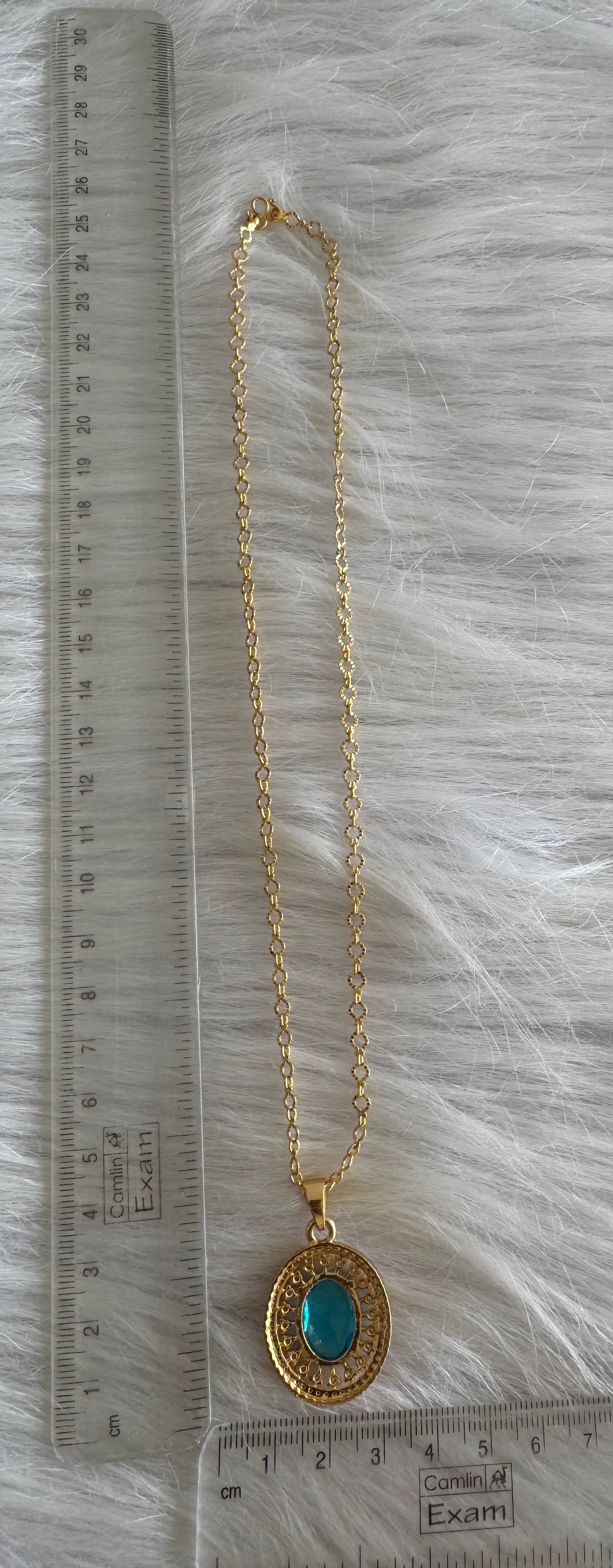 Gold tone 18 inches chain with french blue oval stone pendant dj-51276