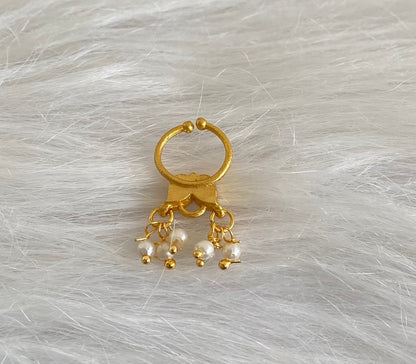 Gold tone kundan jadau white stone pearl nose pin/bulakku dj-53808