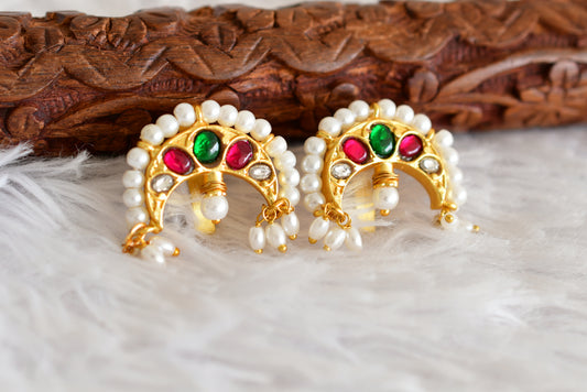 Gold tone pink-green kundan jadau moon bugadi earrings dj-52467