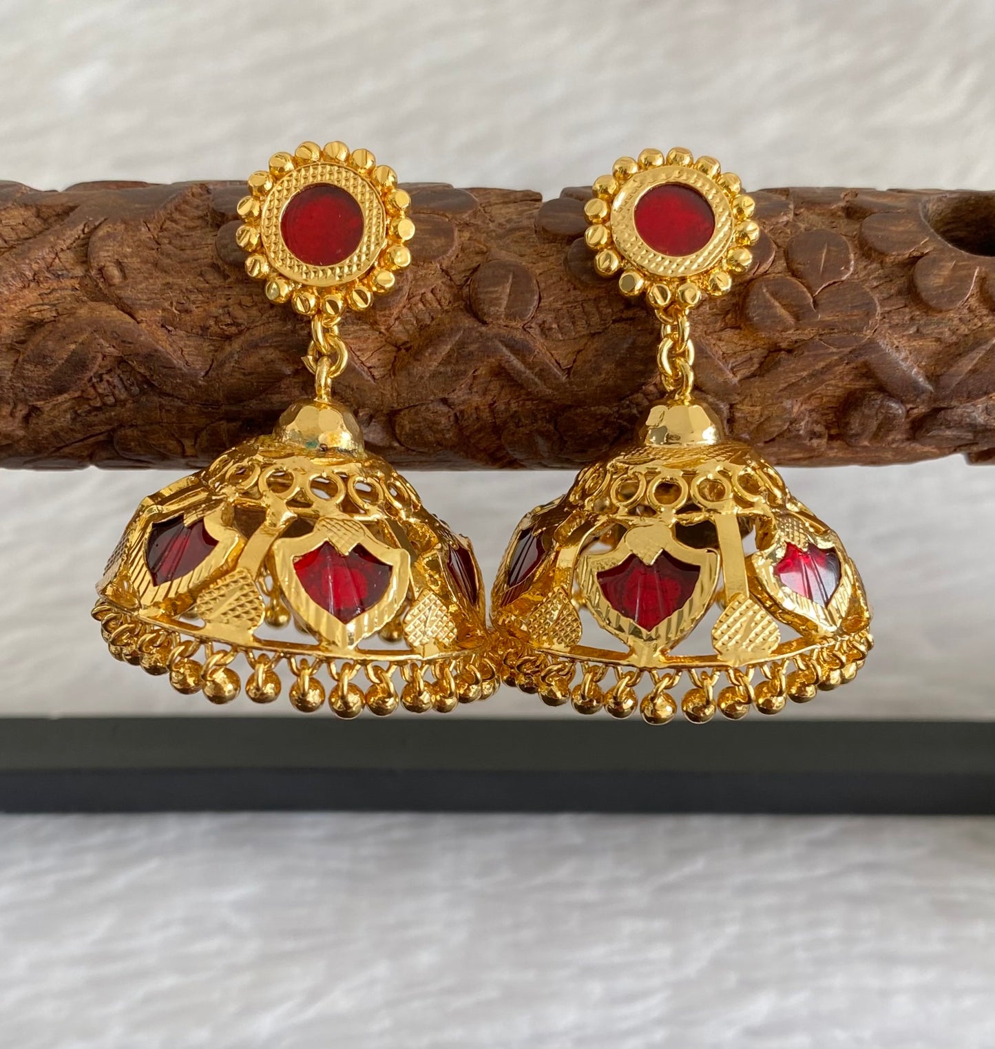 Gold tone kerala style red 6 petals of palakka jhumkka dj-53135