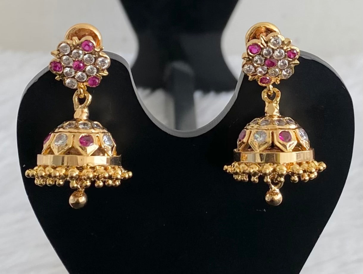 Gold look alike AD ruby-white stone jhumkka dj-53582