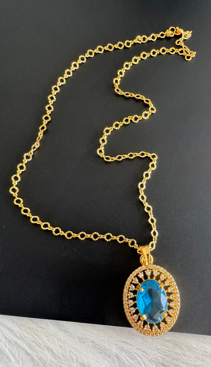 Gold tone 18 inches chain with french blue oval stone pendant dj-51272