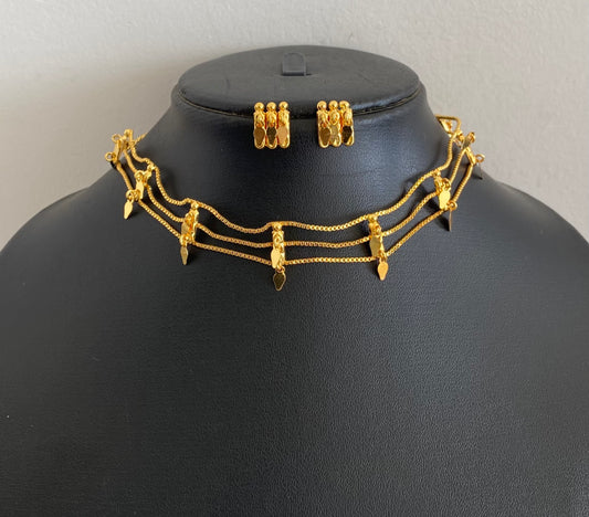 Gold tone kerala style elakka thali layer choker necklace set dj-55089