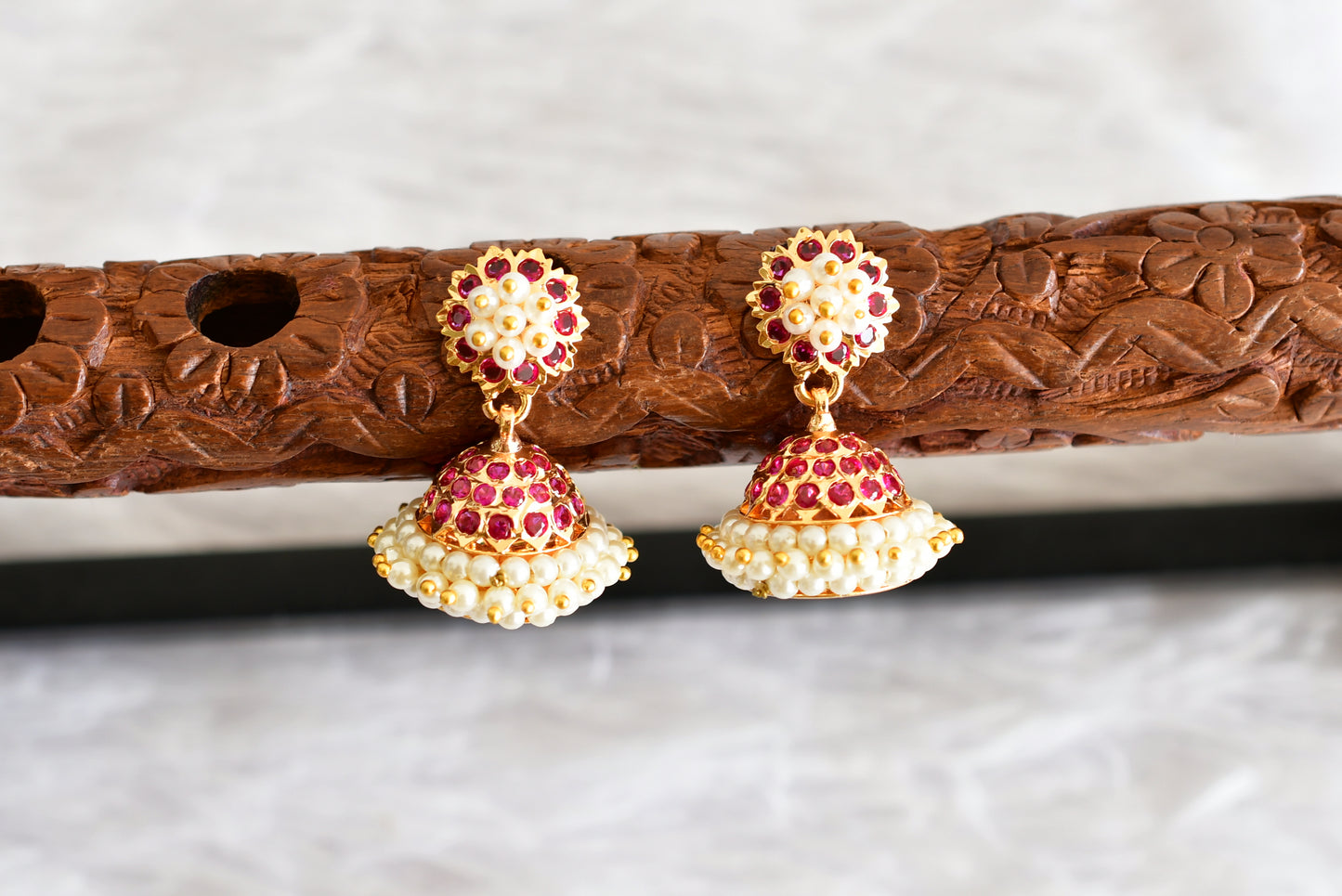Gold tone South Indian style pink pearl jhumkka dj-51886