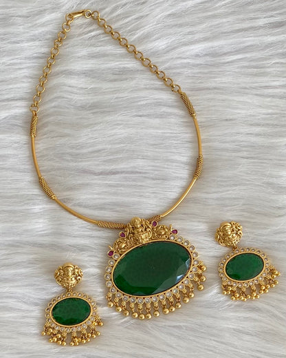 Matte finish lakshmi big green oval stone pendant hasli necklace set dj-54250
