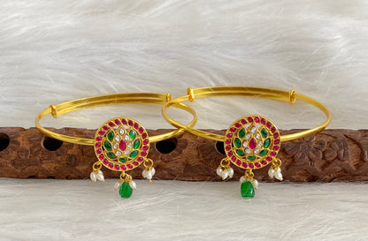 Gold tone kundan jadau kemp-green-white round lotus baju band dj-53838