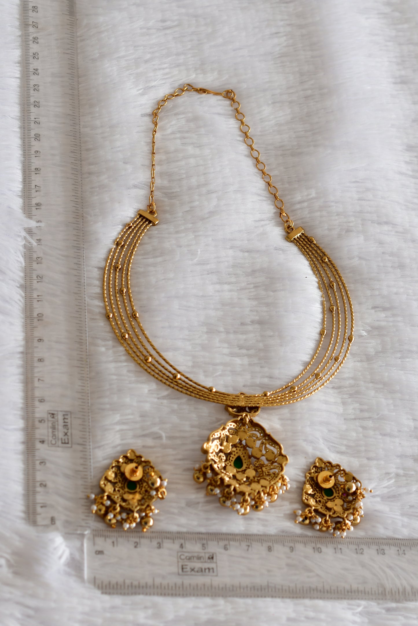 Antique gold tone pink-green kundan jadau kante necklace set dj-52421