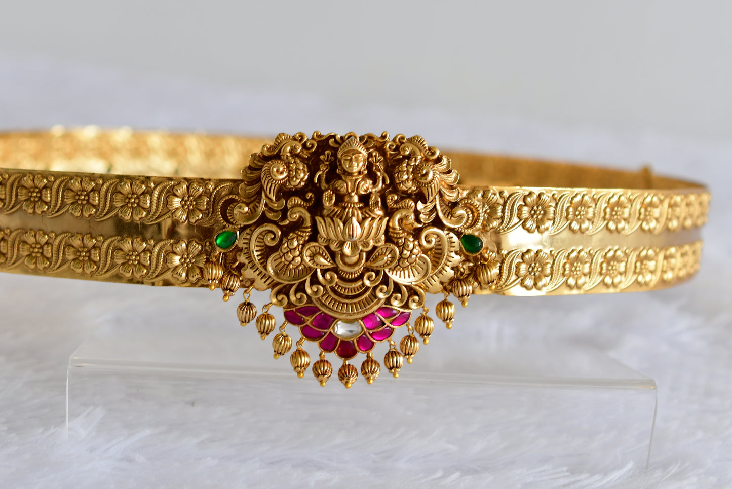 Antique gold tone pink-green-white kundan jadau Lakshmi peacock waist band dj-52183