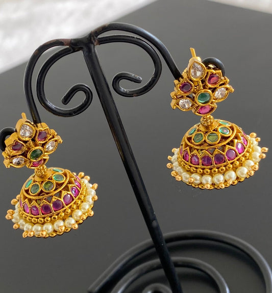 Antique gold tone kemp-green-white pearl  jhumkka dj-53572