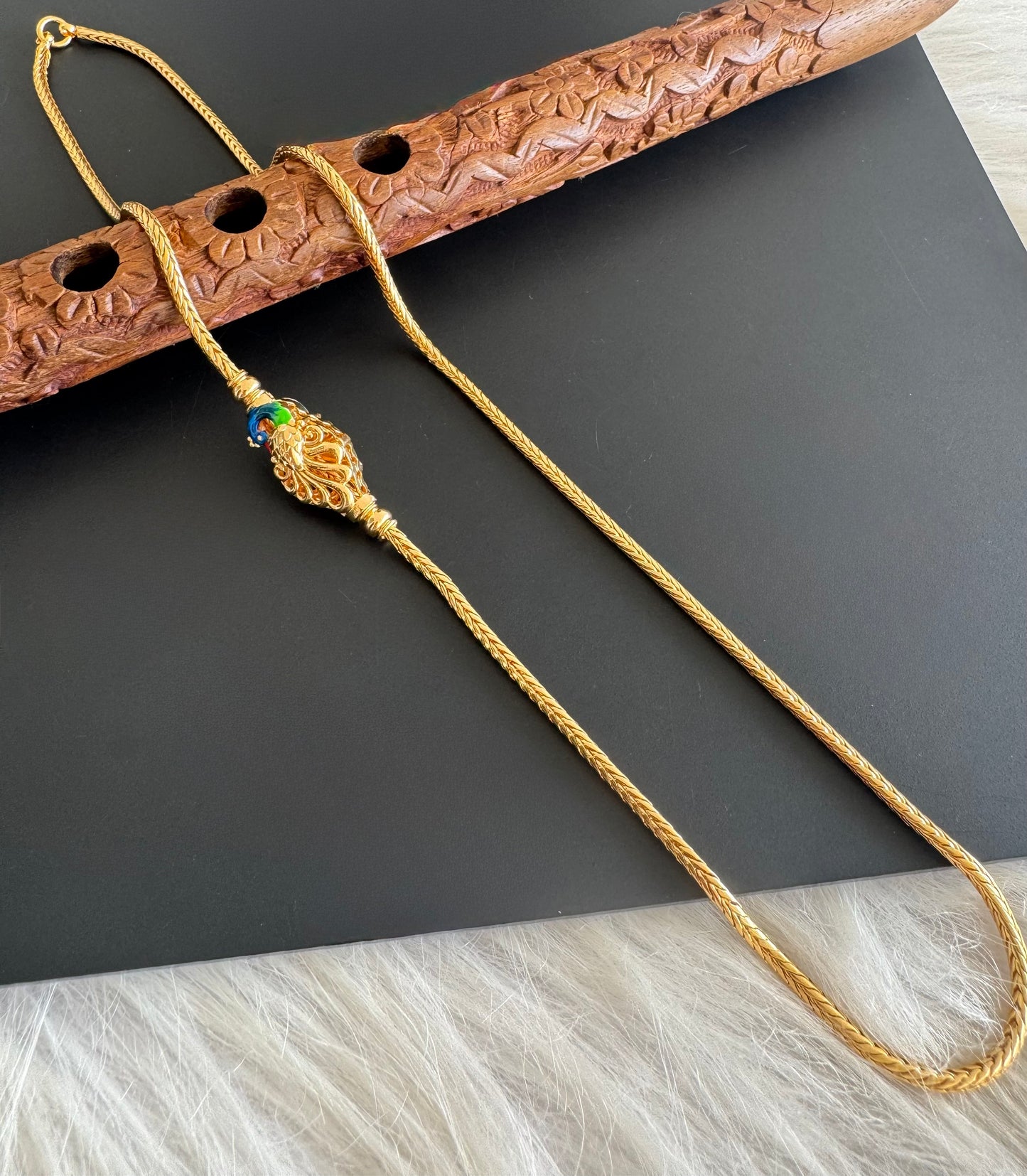 Gold tone 22 inches blue-green meenakari reversible peacock mugappu chain dj-51266