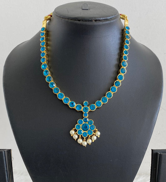 Gold tone AD cerulean blue stone pearl attigai necklace dj-54750