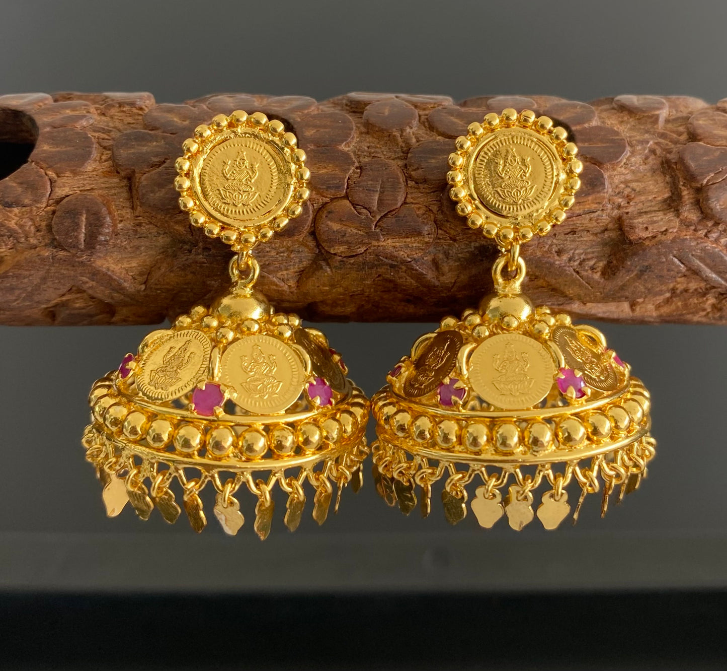 Gold tone ruby lakshmi coin elakka jhumkka dj-53149