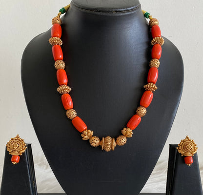 Antique gold tone coral nakshi beaded necklace set dj-54954