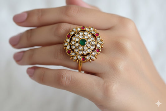 Gold tone pink-green-pearl kundan jadau flower finger ring dj-52370