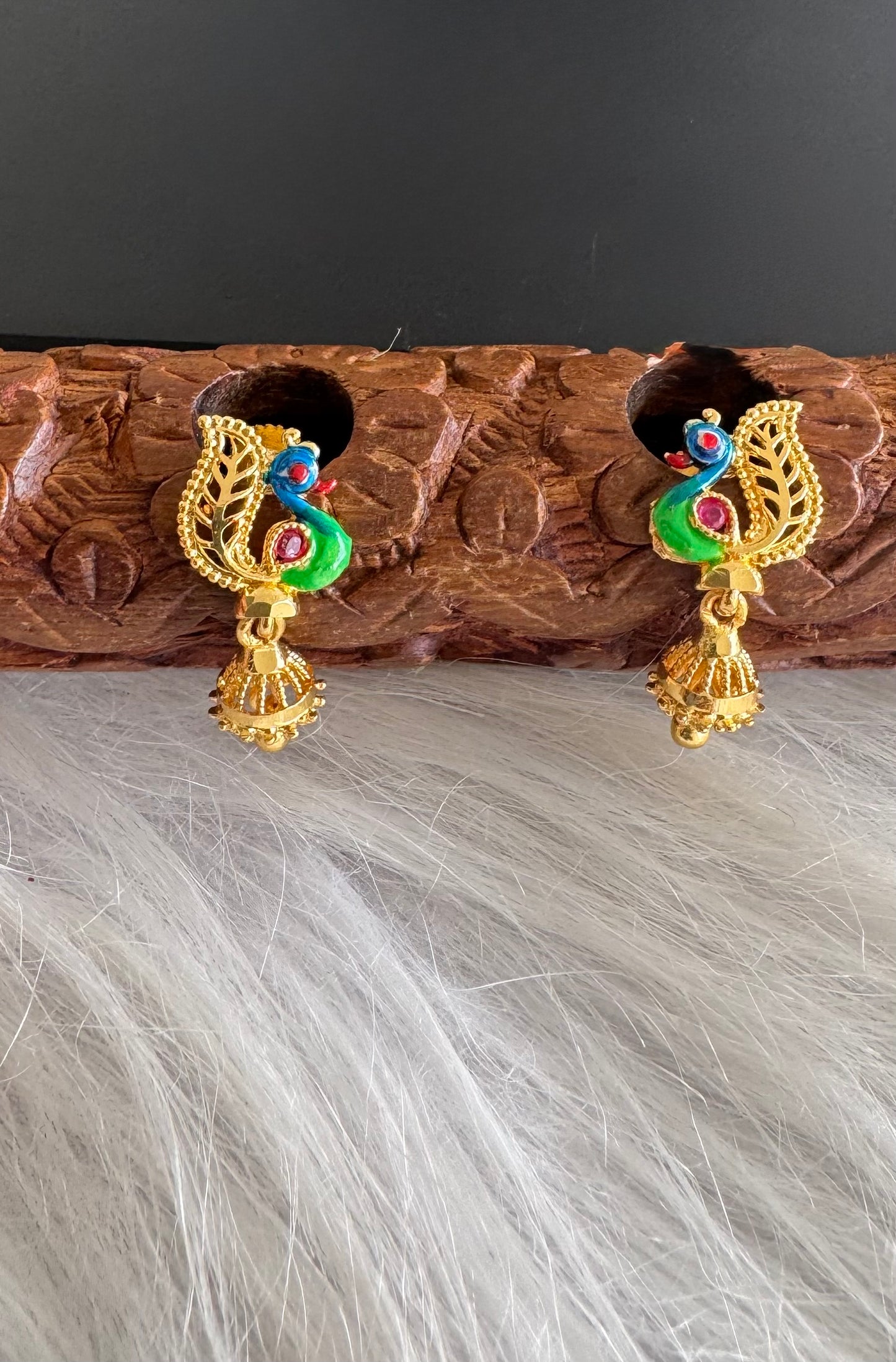 Gold tone blue-green small enamel peacock jhumkka dj-51289