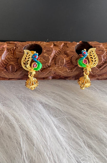 Gold tone blue-green small enamel peacock jhumkka dj-51289