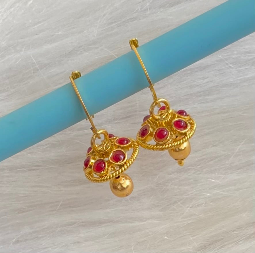 Gold tone pink stone hoop jhumkka dj-55011