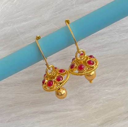 Gold tone pink stone hoop jhumkka dj-55011