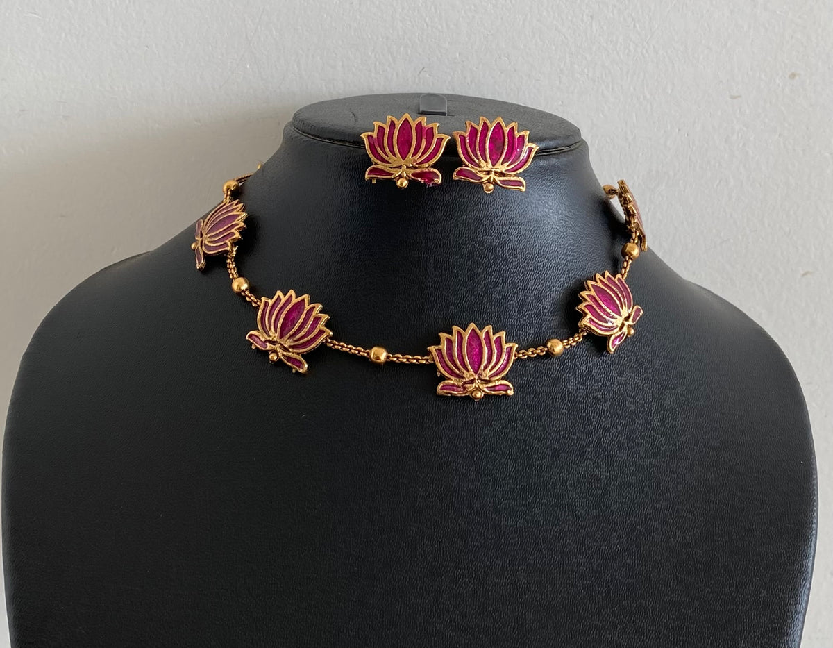 Matte finish pink lotus enamel necklace set dj-54774