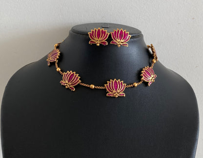 Matte finish pink lotus enamel necklace set dj-54774