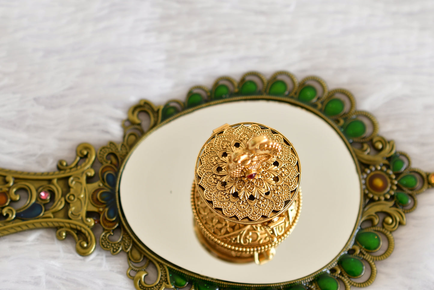 Antique gold tone kemp-green peacock kumkum box dj-52317