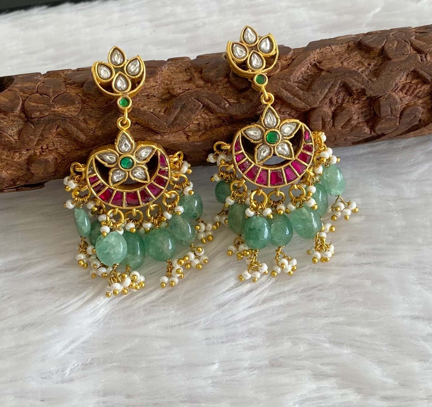 Gold tone pink-green-white stone green beaded kundan jadau bali earrings dj-53560