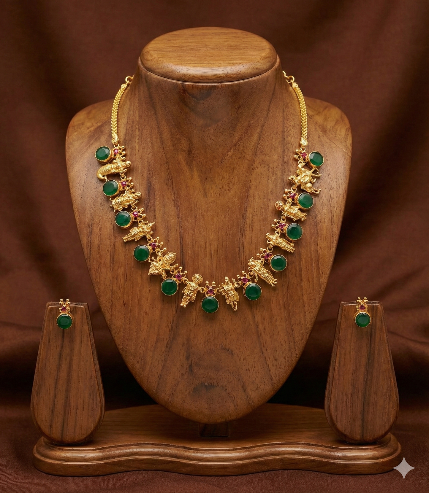 Gold tone pink-green round kerala style dasavathar necklace set dj-48089
