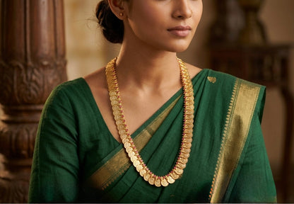 Gold tone reversible ruby mango lakshmi coin haar dj-33066