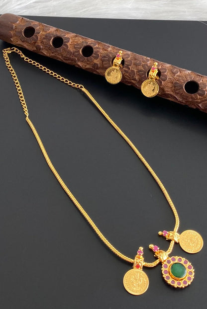 Gold tone pink-green stone lakshmi coin necklace set dj-54123
