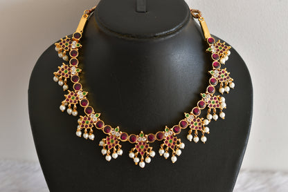 Gold tone precious kemp-green-white pearl necklace dj-52257