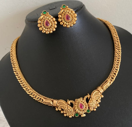 Antique gold tone kemp-green peacock front lock screw necklace set dj-54072