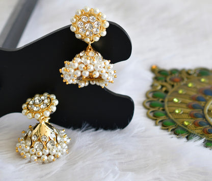 Gold tone AD white pearl small jhumkka dj-52518
