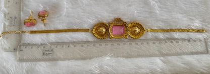 Antique gold tone cz big stone white-baby pink choker necklace set dj-51086