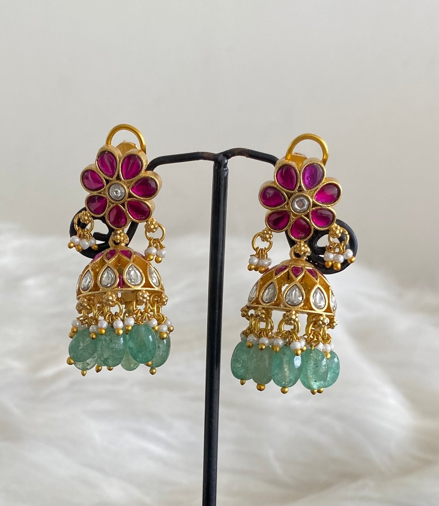 Gold tone kemp-white stone kundan jadau green beaded jhumkka dj-54614
