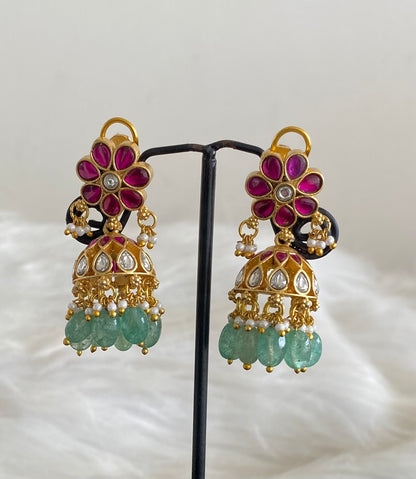 Gold tone kemp-white stone kundan jadau green beaded jhumkka dj-54614