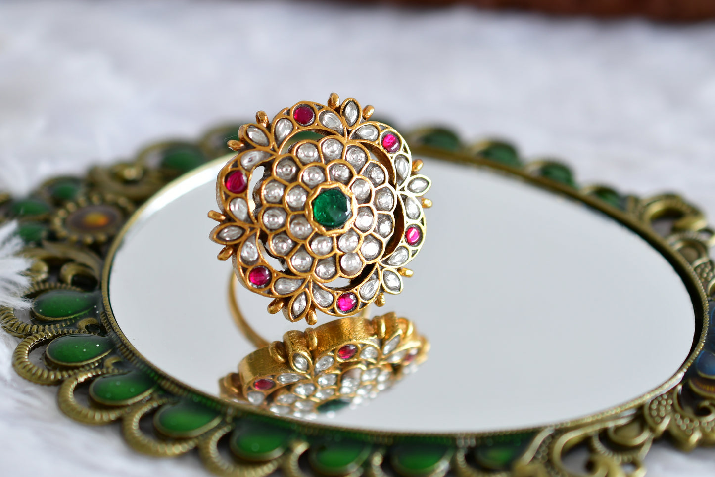 Gold tone pink-green-pearl kundan jadau flower finger ring dj-52370