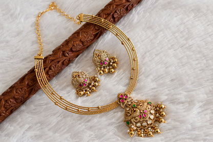 Antique gold tone pink-green kundan jadau kante necklace set dj-52419
