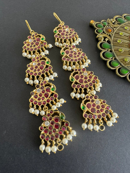 Gold tone precious kemp-green-white stone pearl peacock ear side chain dj-52010