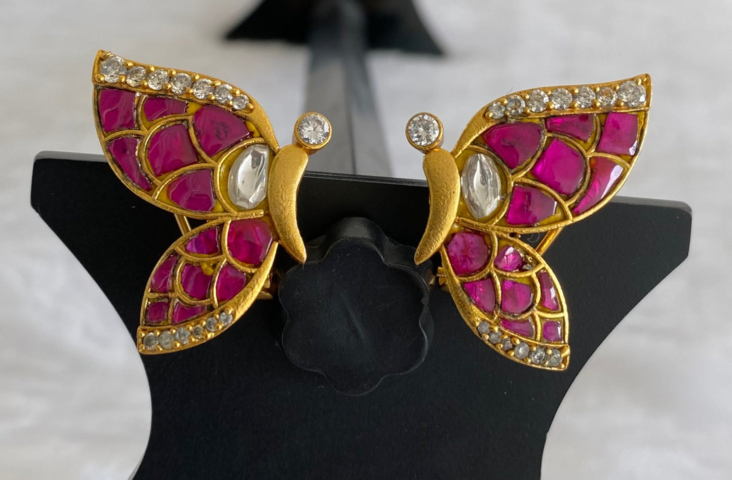 Gold tone pink-white kundan jadau butterfly earrings dj-53528